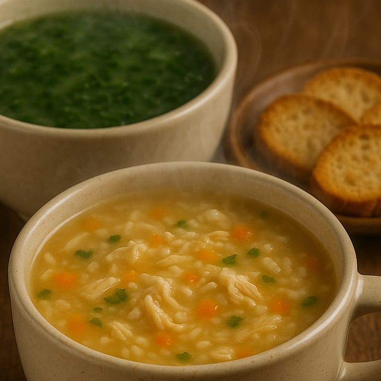 “Aqui no Cantinho da Vovó, toda sopa vem com torradas quentinhas feitas na hora, de presente pra você Sem custo. Só carinho mesmo.”Delicioso Caldo Verde Cremoso com Calabresa defumada e Tempero Artesanal
