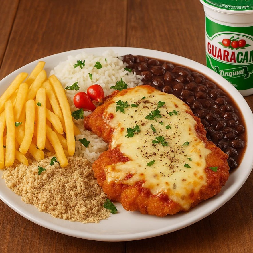 Filé de frango com casquinha crocante, coberto com um molho ao sugo bem temperado e queijo derretido por cima. Acompanha arroz soltinho, feijão caseiro, farofa crocante, batata frita douradinha e um Guaracamp geladinho pra fechar com chave de ouro!