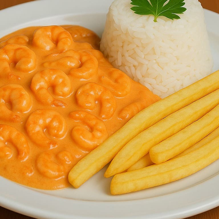 Strogonoff de Camarão c/ Arroz e Batata Frita