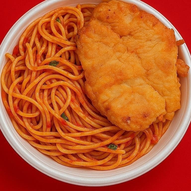 Espaguete temperado com molho de tomate caseiro da casa com um Filé de frango empanado bem temperado .