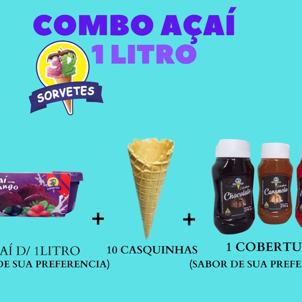 Açaí: Banana, Morango, Natural.  Cobertura  Chocolate. Morango. Caramelo.