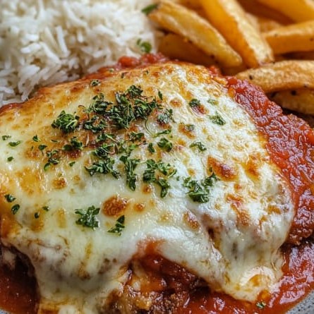 Combo Duplo – Parmegiana de Frango com Fritas Duas marmitas completas com filé de frango à parmegiana: empanado crocante, coberto com molho de tomate caseiro e queijo derretido. Acompanha arroz branco soltinho e uma porção generosa de batatas fritas douradas. Sabor em dose dupla para matar a fome com muito mais sabor!