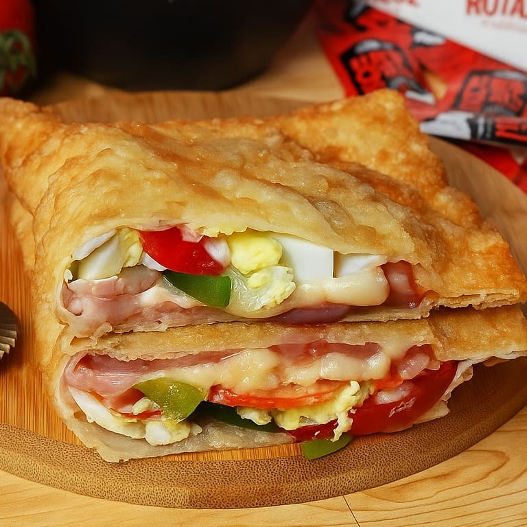 Um pastel crocante de 21 cm recheado com calabresa , Mussarela , presunto , tomate italiano frescos, cebola roxa em fatias finas, ovo cozido e pimentão. Uma explosão de sabores a cada mordida!