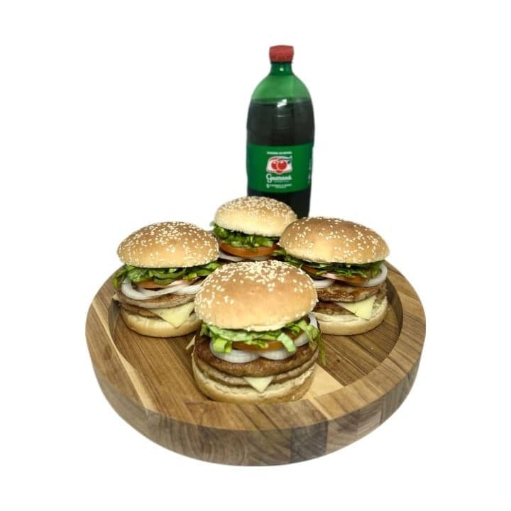 Este combo especial traz quatro unidades do nosso inigualável hambúrguer Double Burger, reconhecido como campeão de vendas. Cada hambúrguer é meticulosamente preparado para garantir um sabor único e irresistível. Acompanha, ainda, um refrescante Guaraná de um litro, perfeito para agregar ainda mais sabor à sua refeição. Uma combinação ideal para compartilhar momentos deliciosos com amigos e família.