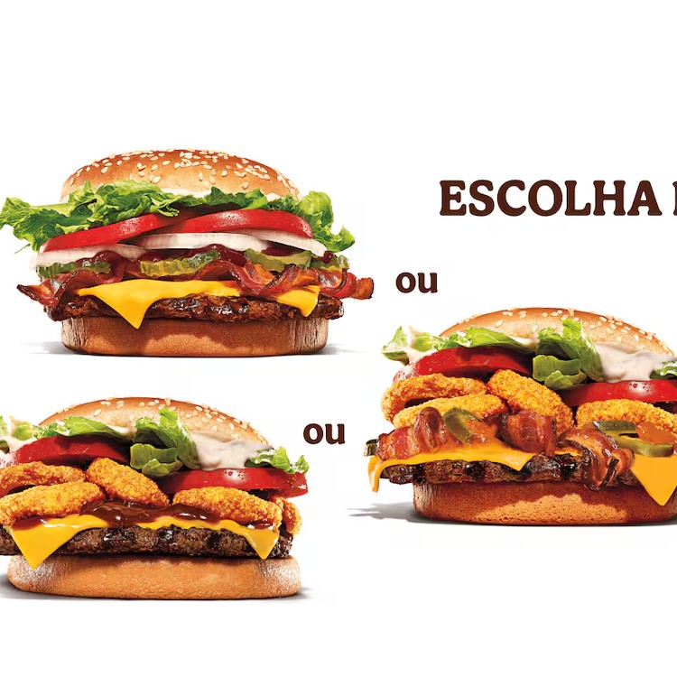 Escolha 1 sanduíche entre Whopper, Whopper Vegetariano, Whopper Duplo, Whopper Furioso, Whopper Rodeio, Whopper Barbecue Bacon ou Whopper Junior