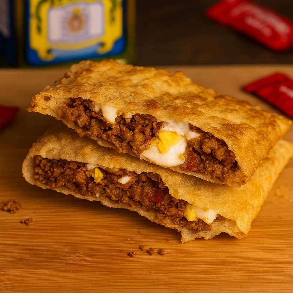 Delicioso pastel de carne moida com varios pedaços de ovo  Pastel com aproximadamente 19cm.