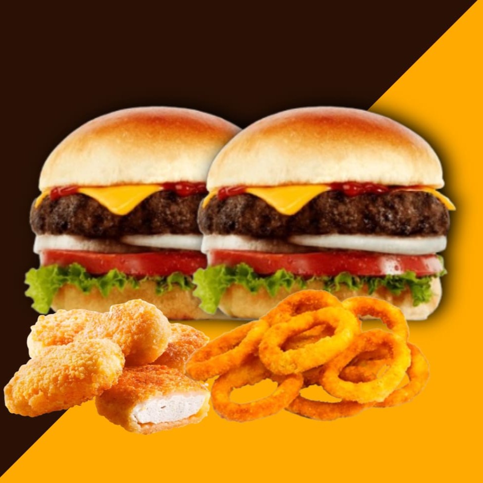 2 Hamburguer - Pao, Carne, Ovo, Cheddar, Salada , Bacon Calabresa, requeijão, maionese e alho e batata palha