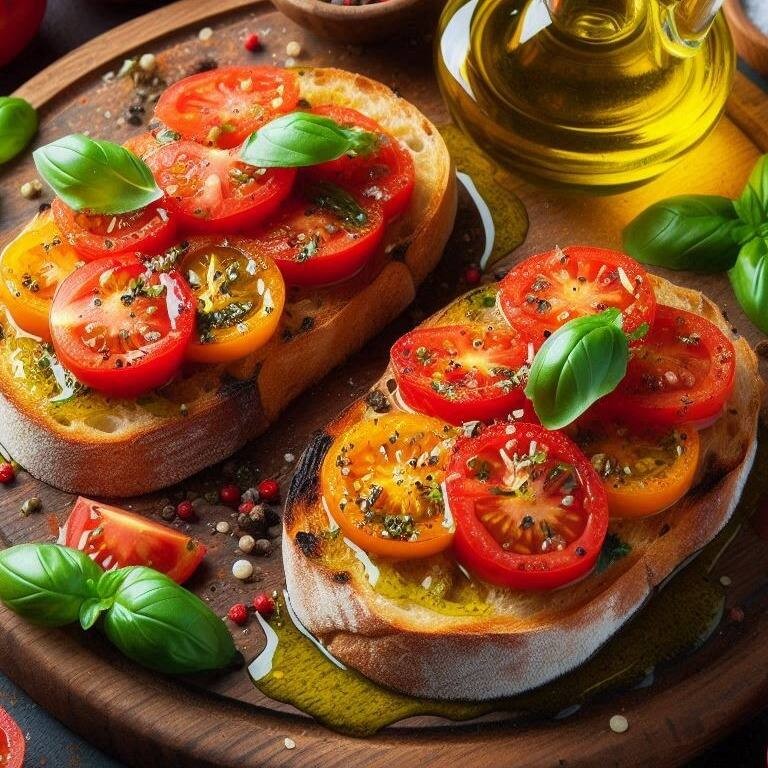 Pão italiano tostado, coberto com tomate fresco, manjericão e azeite extra virgem. Uma entrada simples, saborosa e cheia de frescor!  Comida Italiana, Massas Artesanais, Culinária Italiana, Penne, Espaguete, Gnocchi, Risoto De Salmão, Polenta Italiana, Frango Parmegiana, Salmão Grelhado, Batata Frita, Coca Cola, Guaraná Antártica, Entrega Gratis.