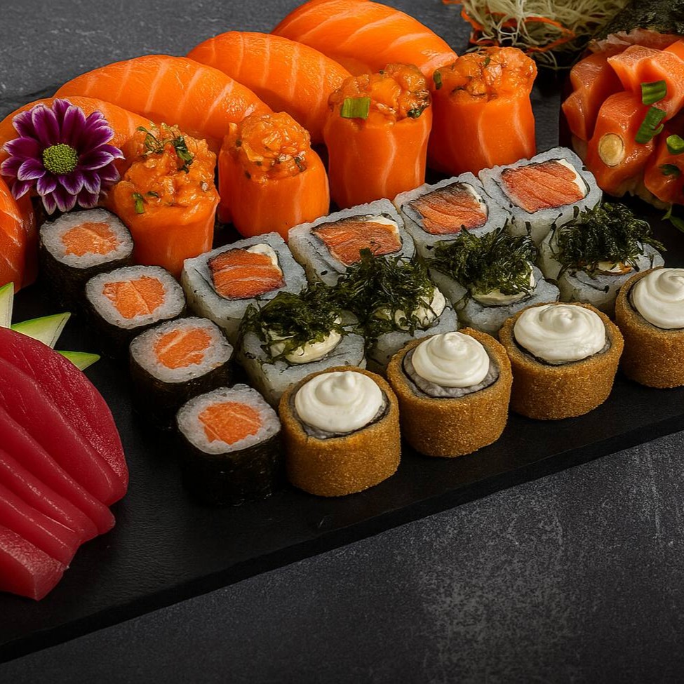 Uma seleção completa e deliciosa para os amantes da culinária japonesa:  8 Sashimis de Salmão  8 Sashimis de Atum  4 Sushis de Salmão  4 Joys de Salmão  4 Uramakis de Salmão  4 Uramakis de Skin (pele de salmão)  4 Hossomakis de Salmão  4 Hot Philadelphia  2 Temakis Philadelphia  Frescor, variedade e sabor em um combo ideal para compartilhar ou se presentear!
