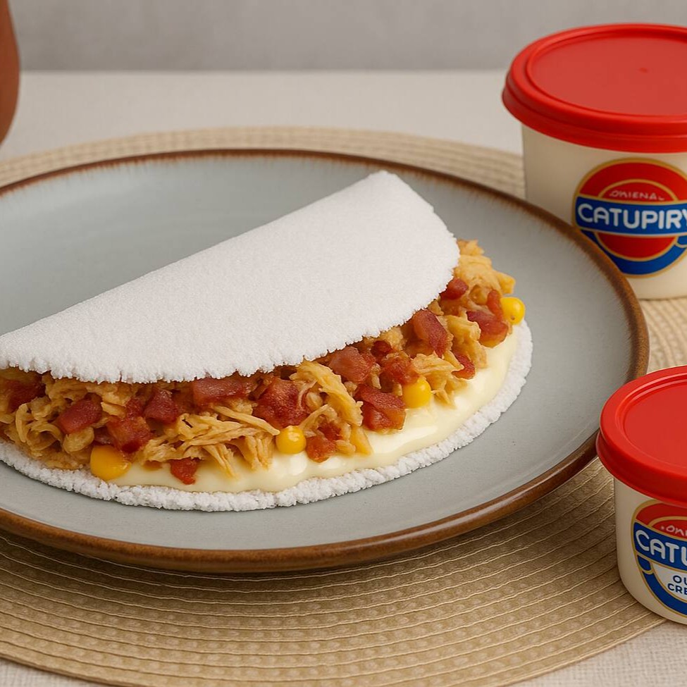 Tapioca de  Frango, Muçarela, Bacon, Catupiry,  Milho e Orégano