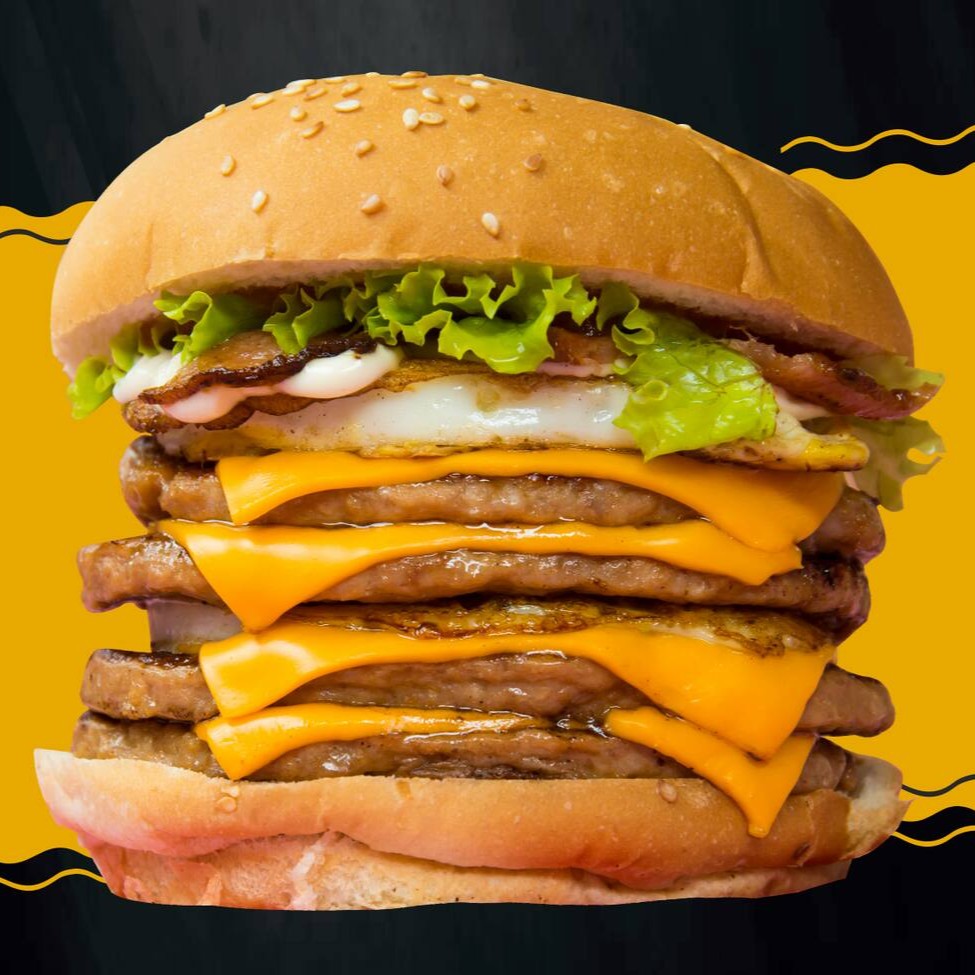 Pão com gergelim, 4 carnes, 2 ovos, queijo cheddar, bacon, salada, barbecue, maionese temperada, katchup, mostarda