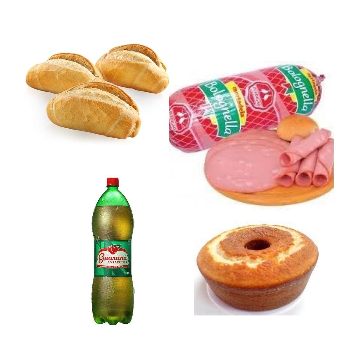 Combo promocional  - 10 unidades de pão francês - 200g de mortadela comum  - 1 Guaraná antárctica 1.5l - 1 bolo do Dia**  **sabor do bolo disponível no Dia