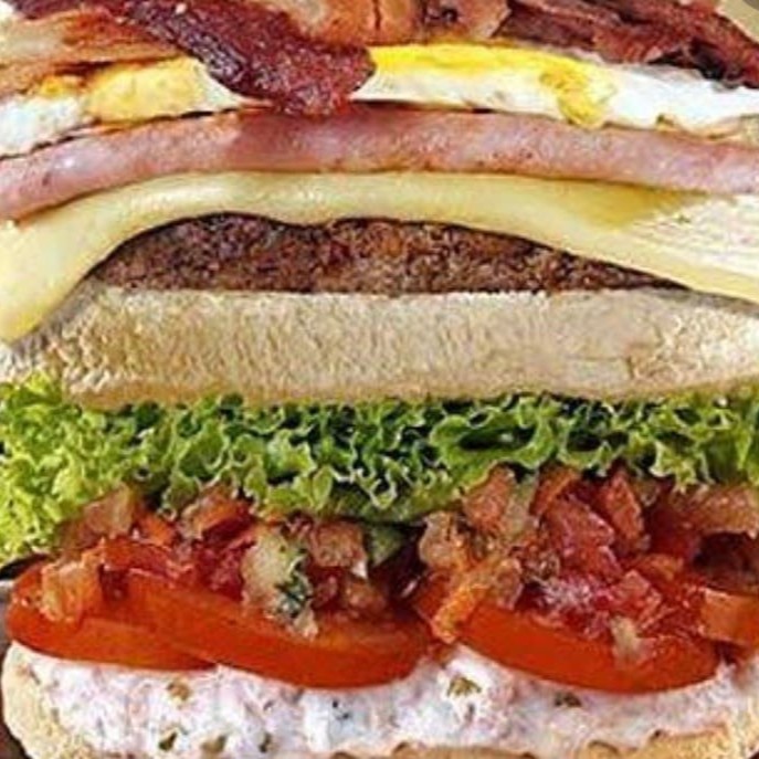 Pão , 2 hambúrgueres , 1 ovo , queijo chedder , bacon , calabresa , salada e molho