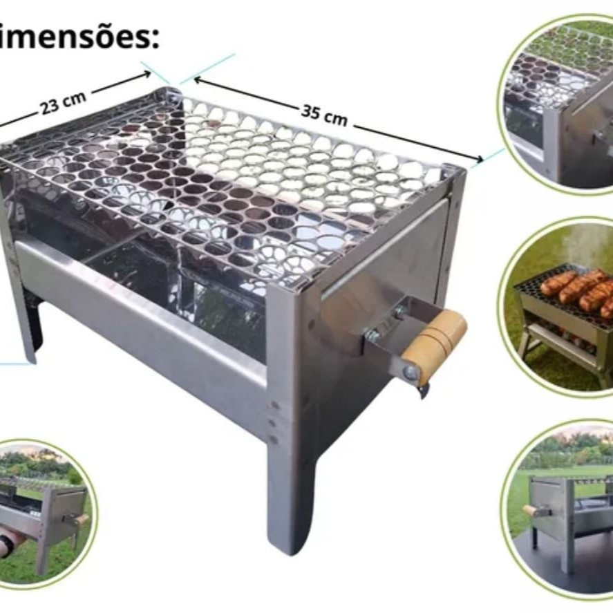 Churrasqueira Portátil a Carvão em Aço Inox com Alça de Madeira*  *Materiais da churrasqueira: Aço inoxidável *Largura da churrasqueira: 35 cm *Profundidade da churrasqueira: 23 cm *Altura da churrasqueira: 24 cm Largura da grelha: 35 cm  Prepare um churrasco onde quiser com praticidade e sabor! Ideal para: Carnes, legumes, espetinhos, linguiças, hambúrgueres e muito mais Usar em qualquer lugar: quintal, varanda, camping, sítio, praia ,quintal, viagens