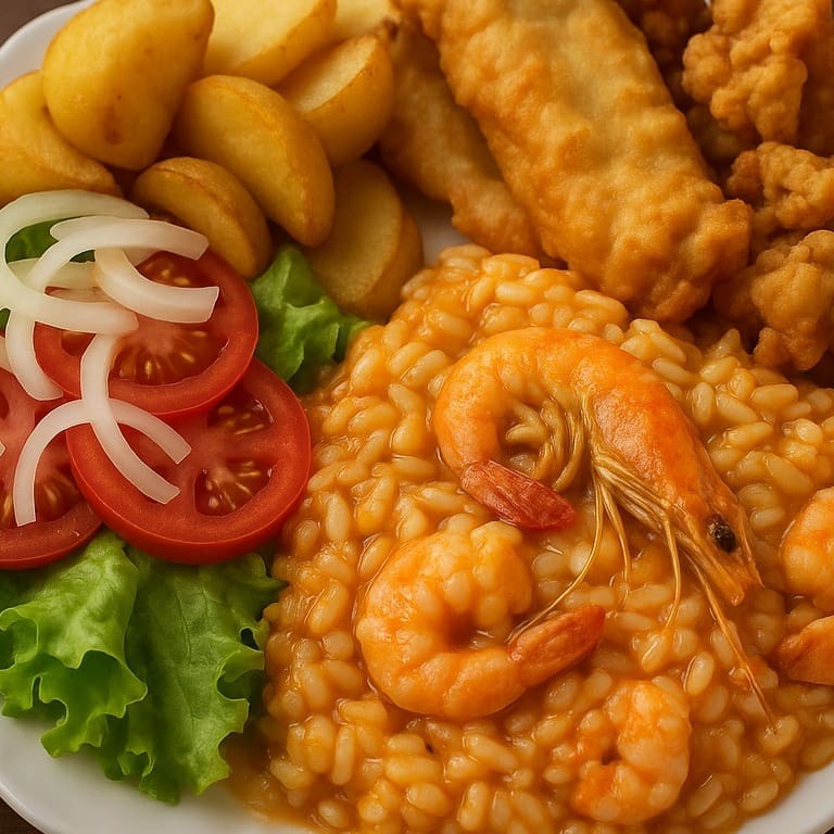 Enroladinho de filé de peixe recheado com mussarela, arroz caldoso de camarão, batata frita, salada e pirão.