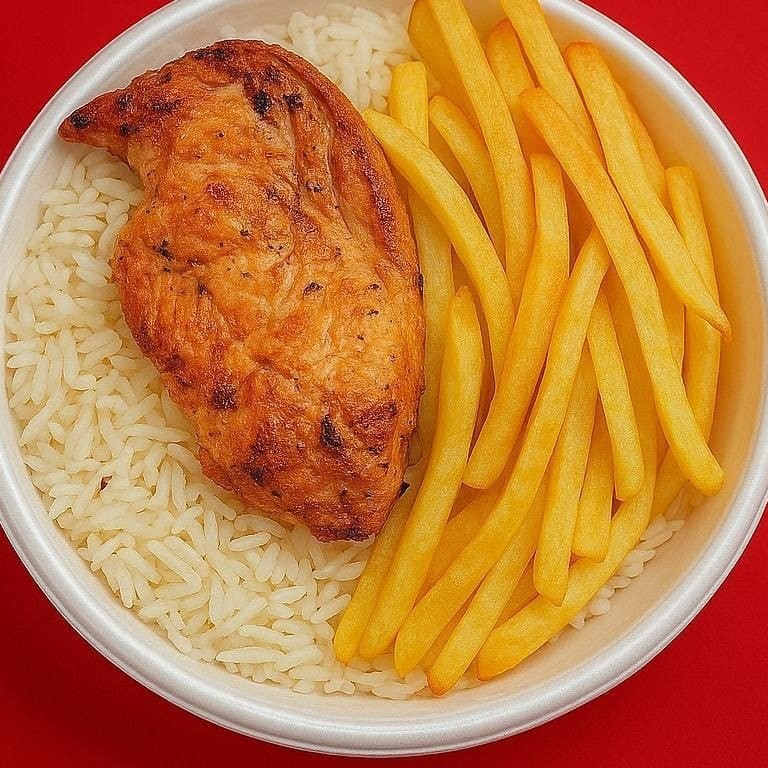 Frango grelhado bem temperado com arroz, feijão e batata frita.