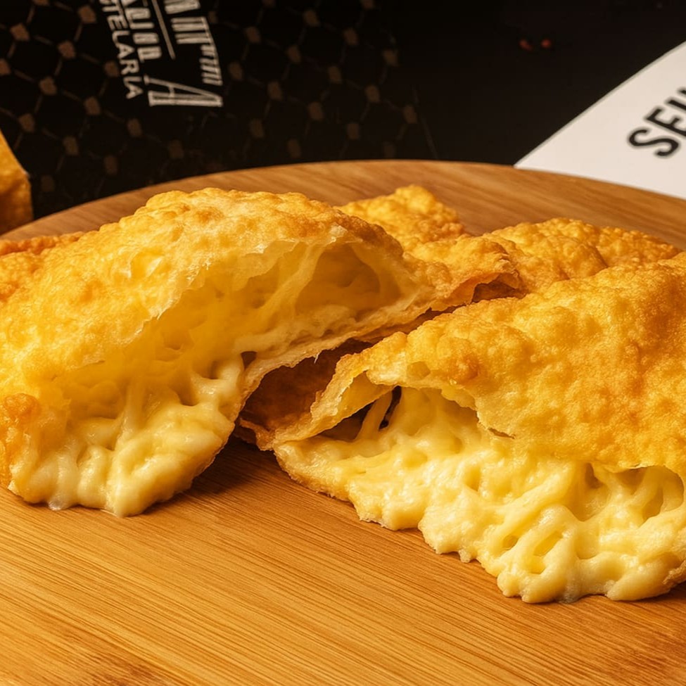 Uma explosão de sabor de queijo Minas derretido dentro de uma crosta dourada e crocante.  Pastel com aproximadamente 19cm.