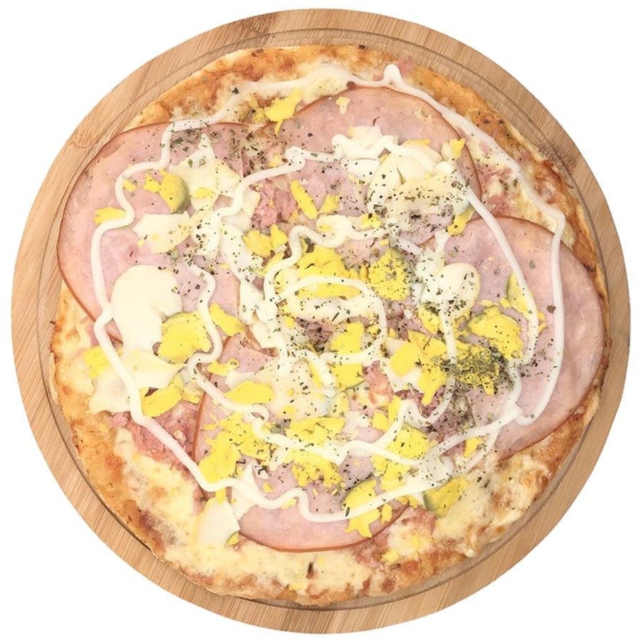 Mussarela, molho de tomate, peito de peru, ovos, presunto, Catupiry e orégano.