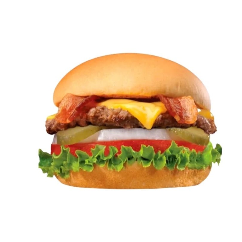 Carne, queijo cheddar, Bacon, ovo, molho e salada