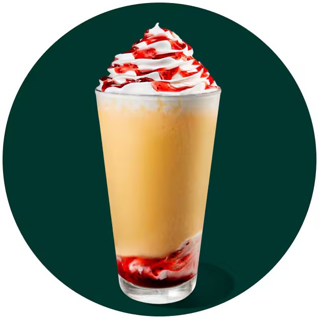 Leite, base de creme, calda de maracujá e gelo batido. Finalizado com chantilly de baunilha calda e morango e cobertura de morango.