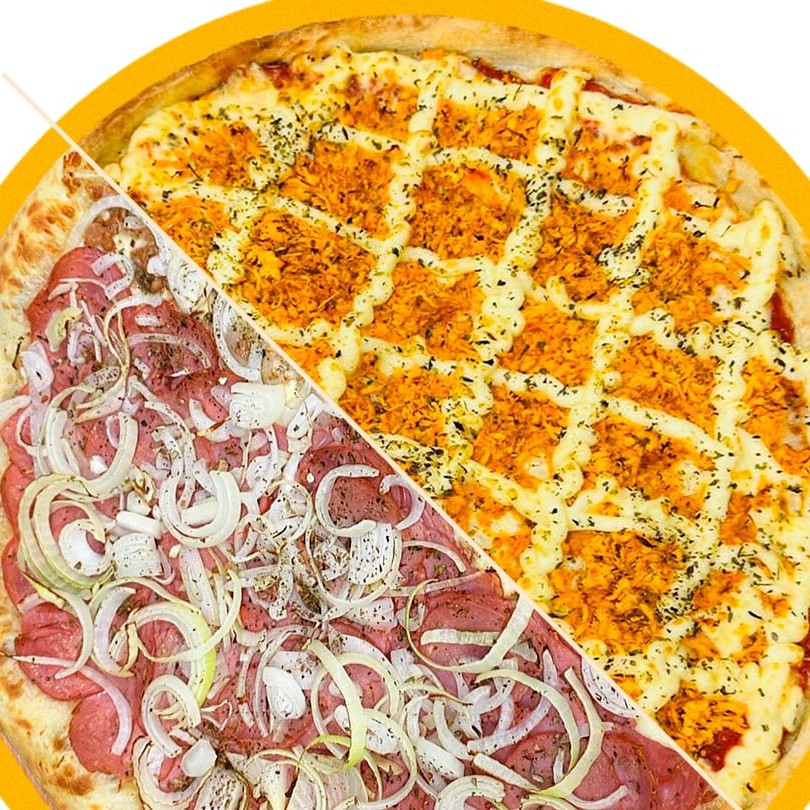 Pizza meio a meio, unindo o melhor de dois sabores amados. Nossa pizza 1/2 Calabresa 1/2 Frango é feita com uma massa artesanal leve e macia, que derrete na boca. Os ingredientes de alta qualidade são cuidadosamente selecionados, proporcionando uma experiência gastronômica sem igual. A calabresa traz o sabor marcante e agradável, enquanto o frango adiciona uma suavidade perfeita para equilibrar o paladar. Ideal para quem aprecia a arte da boa pizza. Experimente e encante-se!