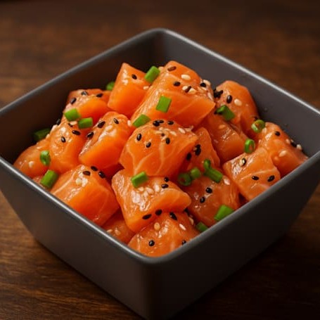 Deliciosos cubos de salmão com gergelim torrado e cebolinha 120g.
