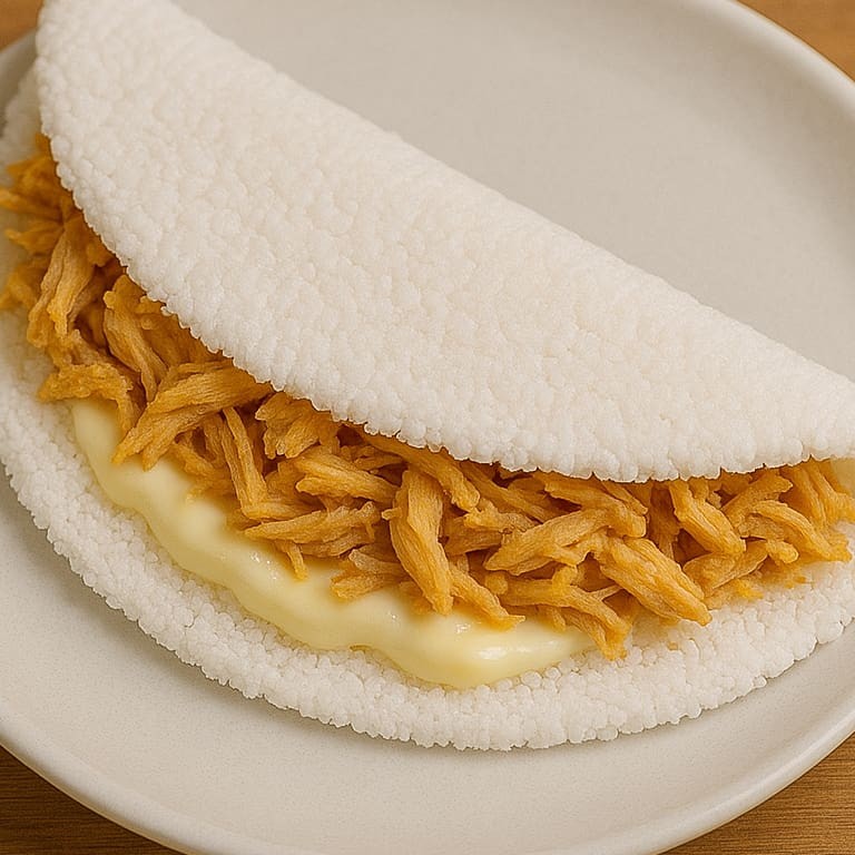 Leve, cremosa e feita na hora! Tapioca artesanal com frango desfiado temperado e requeijão cremoso derretido, que juntos formam uma combinação irresistível de sabor e textura.  Uma opção sem glúten, nutritiva e perfeita para o café da manhã, lanche ou refeição leve.  • Ingredientes principais: goma de tapioca, frango desfiado, requeijão e temperos selecionados. • Diferencial: tapioca feita na hora, frango temperado artesanalmente e recheio cremoso na medida certa. • Alergênicos: contém derivados de leite.