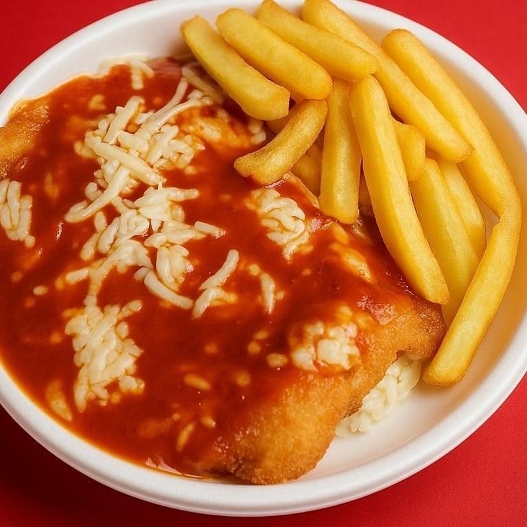 Marmita com generosa porção de frango à parmegiana, fritas, arroz e feijão.