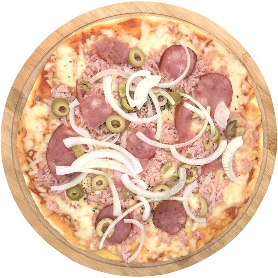 Mussarela, molho de tomate, presunto, calabresa, cebola, azeitona e orégano.