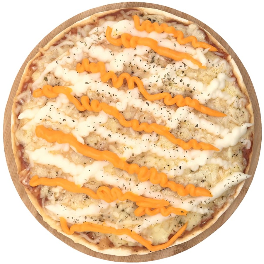 Mussarela, molho de tomate, provolone, parmesão, gorgonzola, Catupiry, cheddar e oregáno.