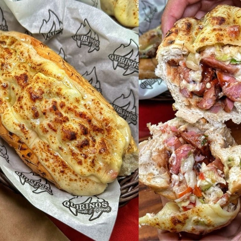 Baguete de 15 a 20cm coberta com queijo parmesâo, 180g de linguiça toscana, Queijo derretido, Pasta de alho.