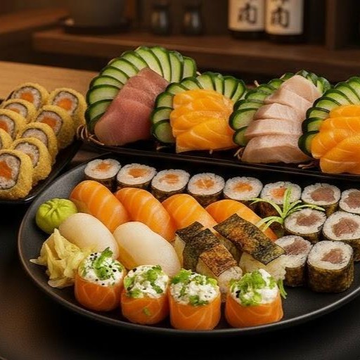 8 Sashimis Salmão, 5 Sashimis Atum, 5 Sashimis Peixe Branco, 4 Sushis Salmão, 2 Sushis Skin, 2 Sushis Peixe Branco, 4 Joe Joe, 6 Filadélfias Salmão, 6 Filadélfias Atum, 12 Hots Salmão Filadélfia