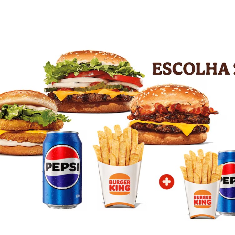 Escolha dois sanduíches entre: Whopper, Big King, Rodeio Dp, Cheeseburger Dp, Cheddar Dp, Chicken Dp, e Stacker Duplo. + 1 Acompanhamento + 1 Bebida.