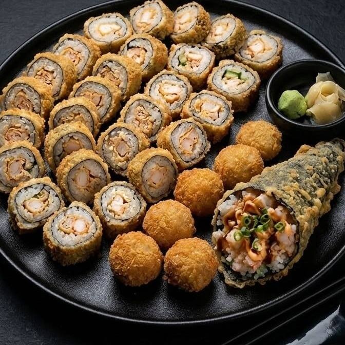 São 8 bolinhas croc de salmão + 1 Temaki Hot Atum + 36 peças de hot filadélfia ( Escolha 3 opçoes com 12 unidades cada )