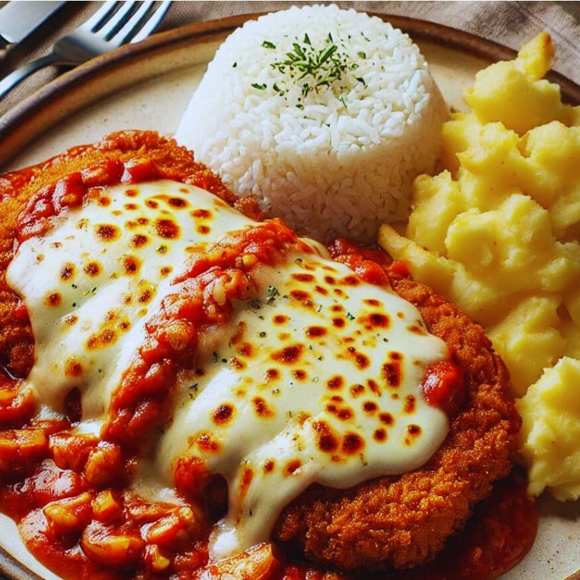 Carne à parmegiana suculenta, acompanhada de arroz branco soltinho e purê de batatas cremoso. Uma combinação clássica e deliciosa que conquista qualquer paladar!  Comida Italiana, Massas Artesanais, Culinária Italiana, Penne, Espaguete, Gnocchi, Risoto De Salmão, Polenta Italiana, Frango Parmegiana, Salmão Grelhado, Batata Frita, Coca Cola, Guaraná Antártica, Entrega Gratis.