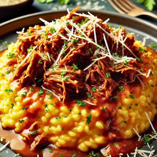 Risoto cremoso de arroz arbório com açafrão, finalizado com ragu de costela bovina desfiada e super macia. Um prato intenso, reconfortante e cheio de sabor caseiro!  Comida Italiana, Massas Artesanais, Culinária Italiana, Penne, Espaguete, Gnocchi, Risoto De Salmão, Polenta Italiana, Frango Parmegiana, Salmão Grelhado, Batata Frita, Coca Cola, Guaraná Antártica, Entrega Gratis.