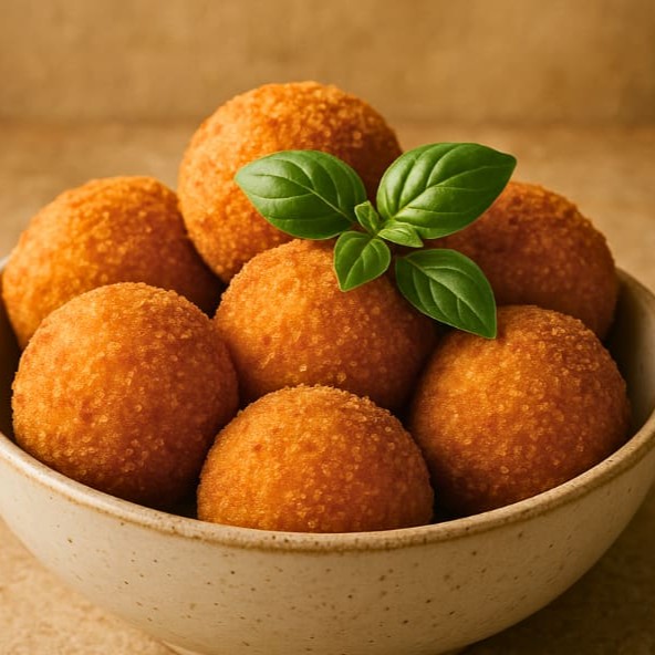 Arancini - 6 Unidades Bolinhos crocantes de arroz recheados com mussarela, empanados e servidos quentinhos com manjericão fresco. Perfeitos para um aperitivo leve e cheio de sabor!  Comida Italiana, Massas Artesanais, Culinária Italiana, Penne, Espaguete, Gnocchi, Risoto De Salmão, Polenta Italiana, Frango Parmegiana, Salmão Grelhado, Batata Frita, Coca Cola, Guaraná Antártica, Entrega Gratis.