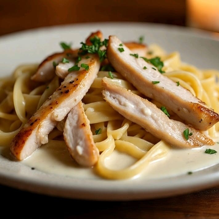 Desfrute de um prato sofisticado e delicioso, com fettuccine e tiras de frango grelhadas ao molho branco cremoso. Uma combinação perfeita de sabores e texturas que vai te fazer sentir como se estivesse em um restaurante italiano de luxo!  O molho branco suave e cremoso envolve as fettuccine e o frango grelhado, criando um prato que é ao mesmo tempo leve e satisfatório.  Peça já e aproveite essa deliciosa combinação!