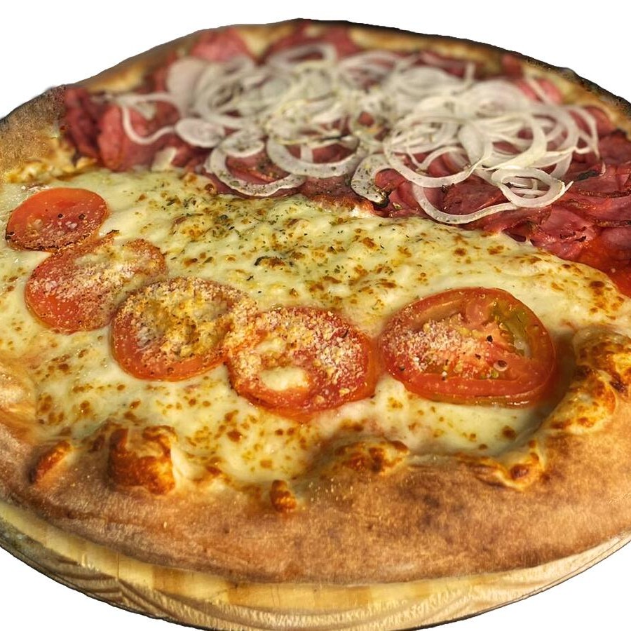 Desfrute da nossa Promoção Pizza, uma combinação perfeita de sabores clássicos. A Pizza Meia Calabresa, recheada com suculentas fatias de calabresa e rodelas de cebola frescas, contrasta maravilhosamente com a Pizza Meia Mussarela, uma união harmoniosa de mussarela derretida, fatias de tomate suculento e um toque de orégano. Para tornar a experiência ainda mais incrível. irá satisfazer o seu paladar!