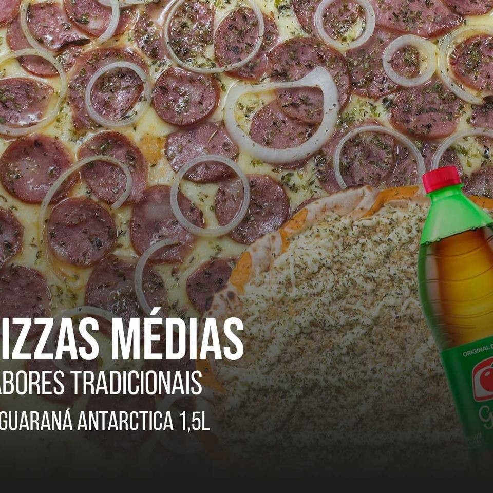 2 Pizzas de 30cm (sabores tradicionais) + 1 Guaraná Antarctica 1,5l Gratis!