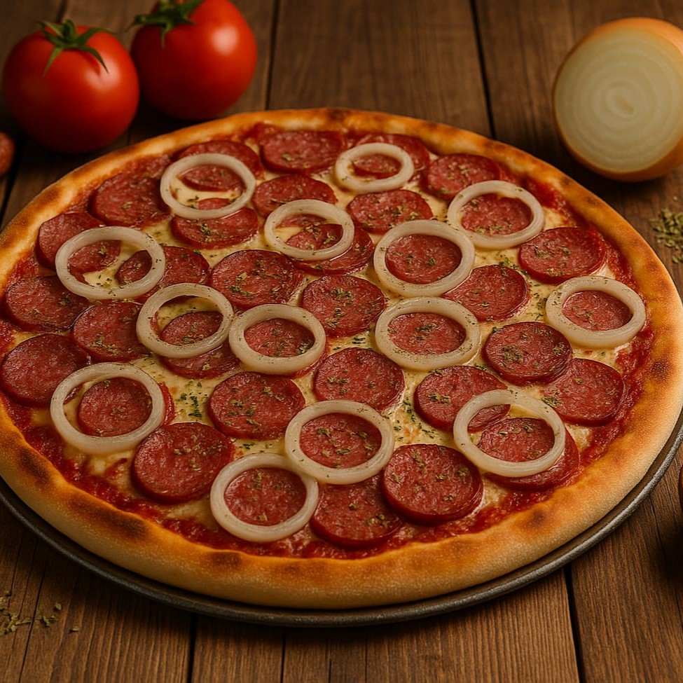 molho, mussarela, calabresa, cebola e orégano