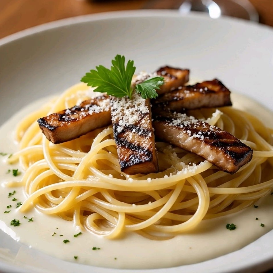 Espaguete ao molho branco cremoso, acompanhado de tiras de alcatra grelhadas ao ponto perfeito. Uma combinação irresistível de sabores e texturas que vai deixar você louco por mais!