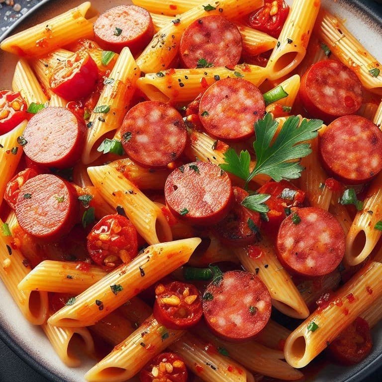 Penne com calabresa e molho de tomate. Um prato com um toque apimentado.   Comida Italiana, Restaurante Italiano, Massas Artesanais, Culinária Italiana, Massas Frescas, Penne, Espaguete, Gnocchi, Risoto De Salmão, Polenta Italiana, Frango Parmegiana, Salmão Grelhado, Bruschetta Italiana, Batata Frita Crocante, Coca Cola, Guaraná Antártica, Entrega Gratis, Delivery De Massas.