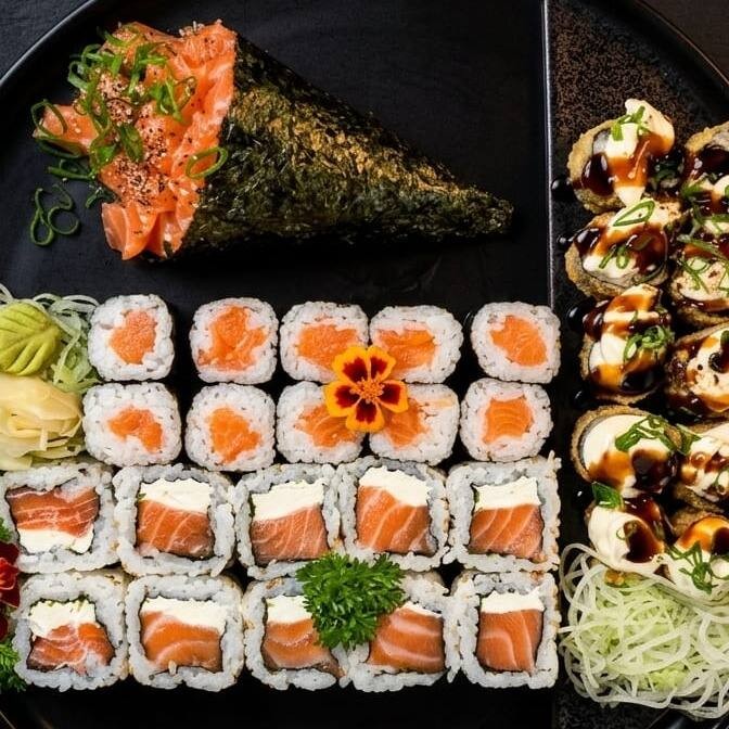 São 10 peças de uramaki filadélfia salmão + 10 peças de filadélfia salmão + 10 peças de hot filadélfia premium (com topping de cream chesse,teriaky artesanal e cebolinha) e 1 Temaki filadélfia