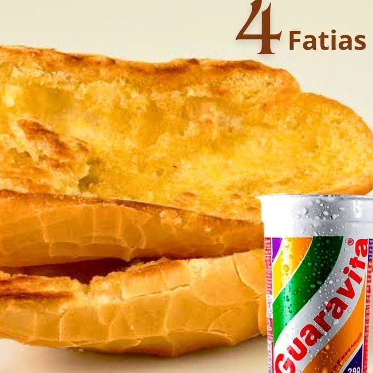 Pao francês na chapa 4 fatias, junto com 1 guaravita.