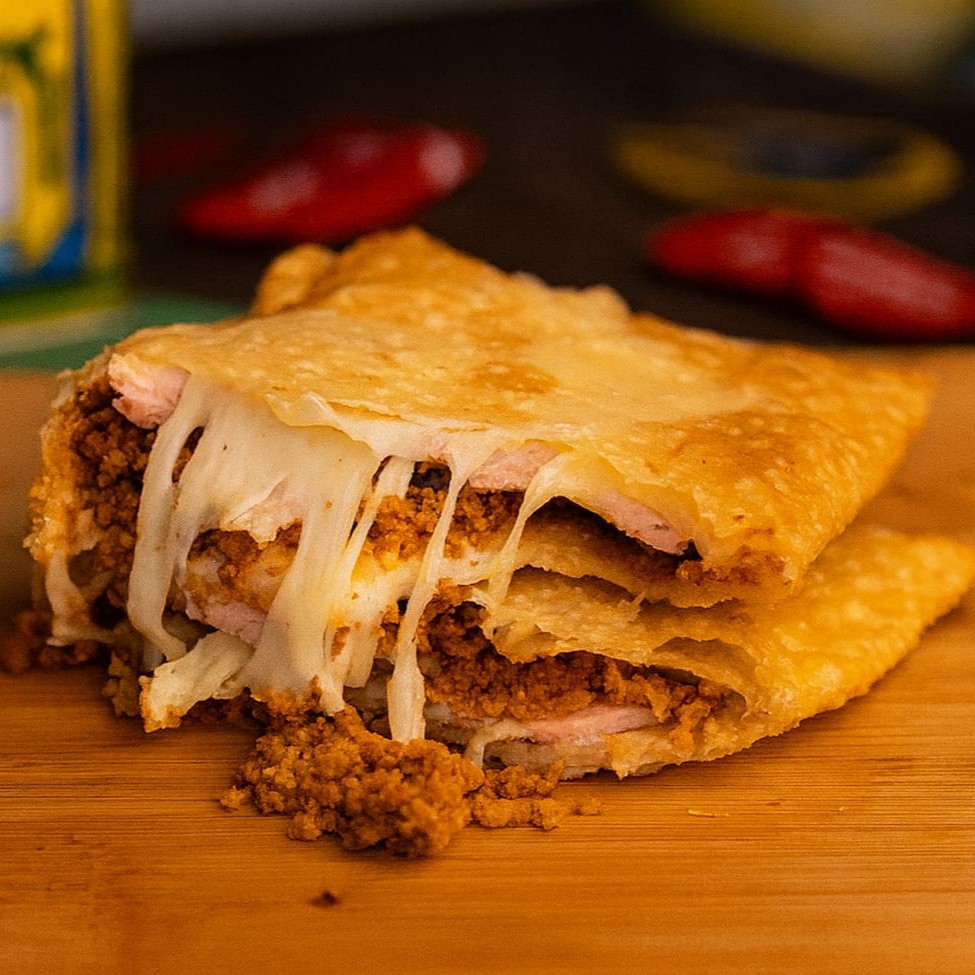 Delicioso pastel de queijo, presunto e carne moida  Pastel com aproximadamente 19cm.