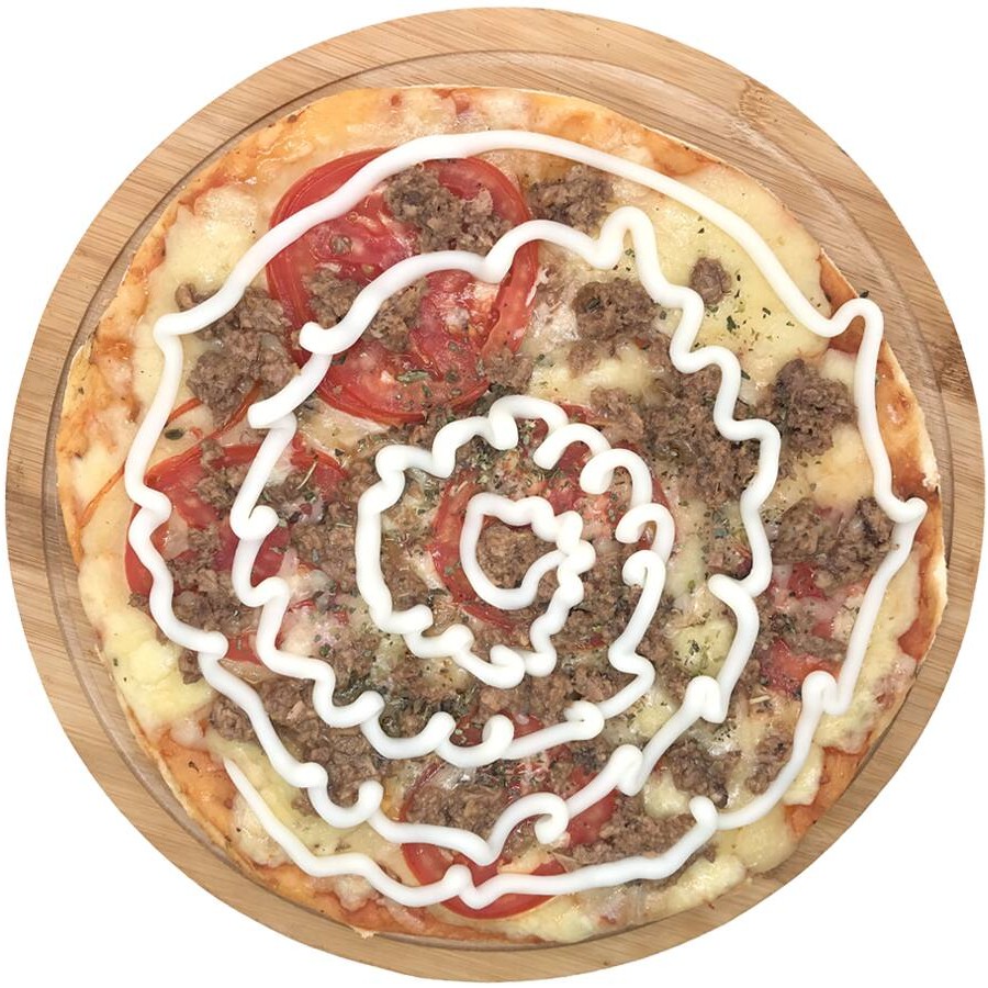 Mussarela, molho de tomate, atum ralado, tomate, Catupiry, cebola e orégano.