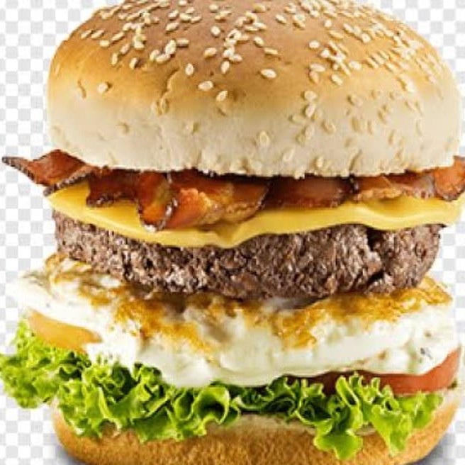 Delicioso Hambúrguer de Carne de Picanha contendo; Pão, Carne de Picanha, Queijo, Ovo, Bacon, Calabresa, Salada e Molho especial