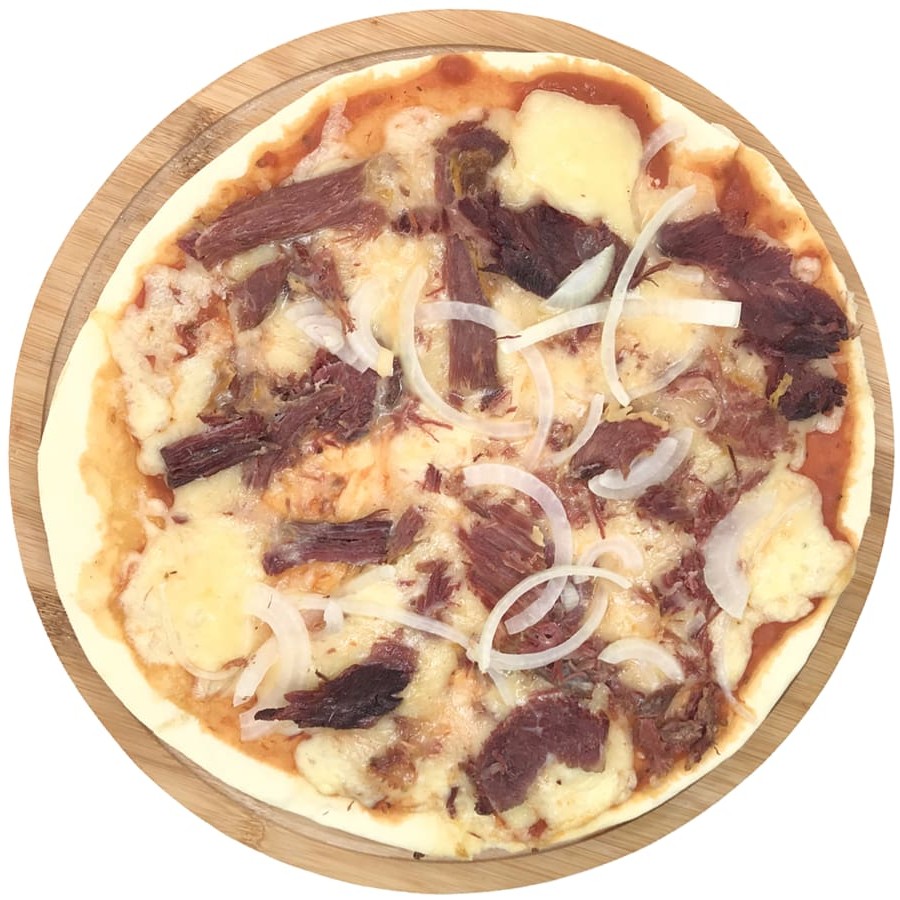 Mussarela, molho de tomate, carne seca desfiada, cebola e orégano.