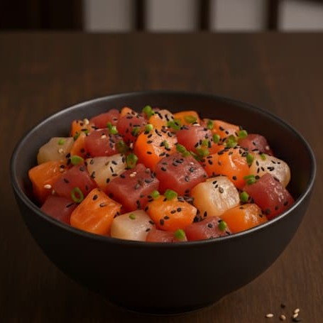 Deliciosos cubos de salmão, peixe branco, atum com gergelim torrado e cebolinha 120g.